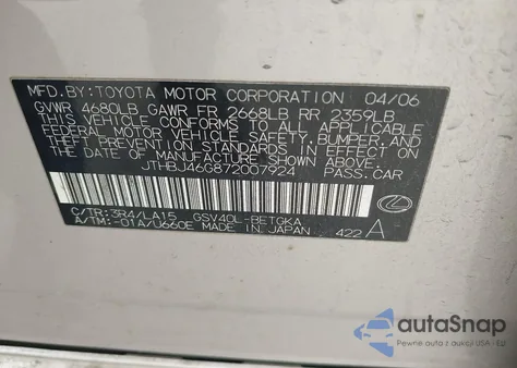 2007 Lexus Es 350 из США, поврежденный, VIN JTHBJ46G872007924